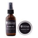 The Steelport Knife Co. Carbon Steel Knife Care Kit includes a brown bottle of blade oil with a spray top and a small tin of handle wax, both featuring black labels with white text. Specially designed by Steelport Knife Co. for carbon steel kitchen knives, this essential set ensures your blades and handles remain in excellent condition for comprehensive knife care.