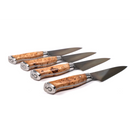 Eight handcrafted steak knives from the Steelport Knife Co. 8-Piece Steak Knife Set are arranged in a row on a white background, their polished wooden handles facing forward and gleaming metal blades angled slightly to the right. This elegant set by Steelport Knife Co. combines timeless craftsmanship with contemporary design.