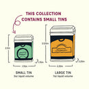 Two illustrated tins are shown: a small tin (2.5 x 1.75 inches, 3oz) and a large tin (3.125 x 2.25 inches, 7oz). Text above reads “This Spicewalla 3 Pack Holiday Baking Collection contains small tins,” with an arrow pointing to the smaller size—ideal for holding your favorite seasonal blends like Pumpkin Spice or Gingerbread Spice.