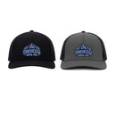 DDR BBQ Supply's Custom Smoke Q BBQ Hats come in two styles: 7 all-black and 7 charcoal with black sides and brim. Both feature the SmokeQ BBQ Co. logo with a flame graphic above the text in blue and white.