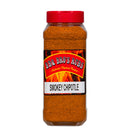 A 1 lb clear plastic container of BBQ Bros Rubs Smokey Chipotle BBQ Rub by BBQ Bros Rubs, featuring a red lid and a label with flames and text highlighting its bold, smoky chipotle barbecue flavor.