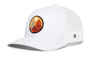 Sure! Here is the rewritten sentence using your product data: The Haka Hat Southwest Sunset Trucker Hat by Haka Hat features a white mesh snapback design with a desert-themed patch depicting a cactus, red rocks, and an orange sun. This Desert Snapback includes a curved brim and a small logo tag on the mesh side.
