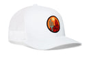 The Haka Hat Southwest Sunset Trucker Hat by Haka Hat is a white mesh snapback cap featuring a round patch with a cactus and red desert landscape set against an orange sunset. Combining classic trucker style and everyday comfort, this Desert Snapback captures the vibrant beauty of the Southwest.
