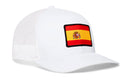 White Haka Hat Spain Flag International Trucker Hat snapback featuring a rectangular patch of the Spanish flag on the front.
