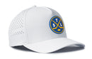 The Haka Hat St. Louis Hockey Performance 5-Panel Hat | STL X Flexfit Snapback by Haka Hat is a white snapback cap featuring a blue and yellow circular logo with two crossed hockey sticks, the letters T, S, and L, plus a small hockey puck at the bottom. Designed with Flexfit® technology, this cap features small side ventilation holes for enhanced comfort and style.