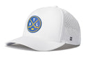 The Haka Hat St. Louis Hockey Performance 5-Panel Hat | STL X Flexfit Snapback is a white, water-repellent hat from Haka Hat, featuring a blue and yellow round logo with two crossed hockey sticks, the letters S, T, and L, and a puck. It is finished with a small black H on the side and includes an adjustable Flexfit® snapback for a comfortable fit.