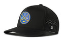Introducing the Haka Hat St. Louis Hockey Performance 5-Panel Hat | STL X Flexfit Snapback by Haka Hat—a sleek black snapback featuring a round blue, yellow, and white logo with two crossed hockey sticks, “STL,” and a puck. This performance-driven Flexfit® hat is crafted with water-repellent material, has small ventilation holes on the sides for breathability, and showcases a signature white H logo. Designed for game days and all-weather wear.