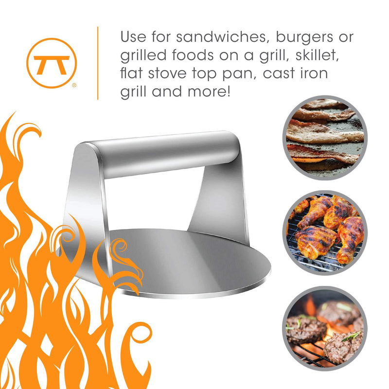 stainless steel burger smasher grill press 5.7 x 6 inches with ergonomic handle use for sandwiches, burgers, or grilled foods on a grill, skillet, flat stove top pan, cast iron grill or more