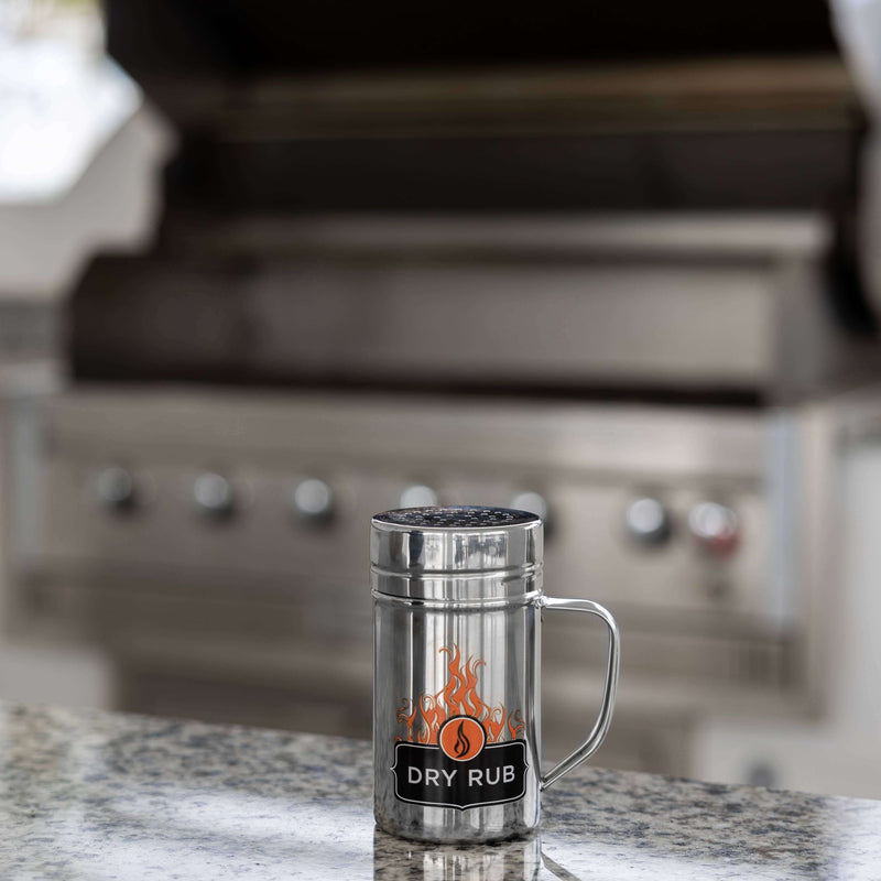 stainless steel dry rub shaker with handle and lid for seasoning and spice control