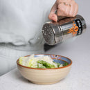 stainless steel dry rub shaker with handle and lid for seasoning and spice control