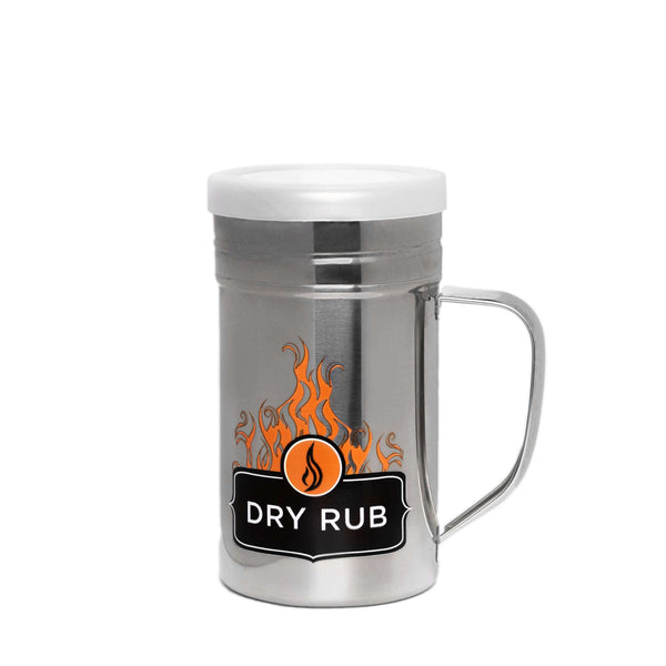 stainless steel dry rub shaker with handle and lid for seasoning and spice control