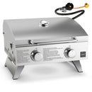 The DirectDeals Stainless Steel Propane Grill with Lid for Outdoor Camping Tailgating Picnic Party-Silver features 20,000 BTUs, two knobs, handle, side vents, foldable legs, and an attached hose/regulator. Safety info on closed lid.