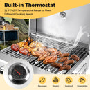 The DirectDeals Stainless Steel Propane Grill with Lid for Outdoor Camping Tailgating Picnic Party-Silver cooks sausages, chicken, and veggies as smoke rises and its built-in thermostat ensures perfect grilling.