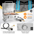The DirectDeals Stainless Steel Propane Grill with Lid for Outdoor Camping Tailgating Picnic Party-Silver features an 18.5x14″ surface, 2x10,000 BTU burners, ignition knob, regulator hose, and assembly instructions.