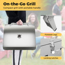 Person holding a Stainless Steel Propane Grill with Lid for Outdoor Camping Tailgating Picnic Party-Silver by DirectDeals. Insets show foldable legs and locking latch. Text: Portable, compact grill—perfect for camping and picnics.