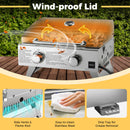 The DirectDeals Stainless Steel Propane Grill with Lid for Outdoor Camping Tailgating Picnic Party-Silver cooks chicken wings, featuring side vents, easy-clean surfaces, a removable drip tray, and a powerful 20,000 BTU output.