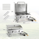 The DirectDeals Stainless Steel Propane Grill with Lid for Outdoor Camping Tailgating Picnic Party-Silver features 20,000 BTU, two burners, control knobs, flavorizer bars, gas hose, and clearly labeled dimensions.