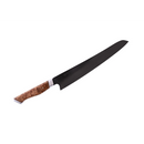 A large kitchen knife, such as the Steelport Knife Co. 10" Slicing Knife by Steelport Knife Co., features a long, black carbon steel blade and a brown wooden handle, shown on a white background.