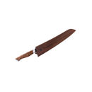 A Steelport Knife Co. 10" Slicing Knife with a brown wooden blade cover and a mottled tan and brown wooden handle, set against a plain white background. This premium carbon steel slicing knife by Steelport Knife Co. is crafted for precision and balance—making it an exceptional addition to any chef’s collection.