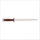 The Steelport Knife Co. 12" Oval Ceramic Honing Rod for Kitchen Knives features a wooden handle and metal ring, making it an ideal kitchen knife sharpener, shown isolated on a white background.