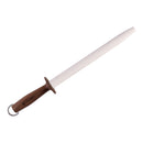 The Steelport Knife Co. 12" Oval Ceramic Honing Rod for Kitchen Knives features a long white oval ceramic rod and a wooden handle with a metal hanging ring, making it an essential tool from Steelport Knife Co. for maintaining knife blade precision in the kitchen.