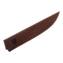A Steelport Knife Co. 6" Boning Knife Sheath is displayed alongside a finely crafted wooden knife, which features a dark S symbol near the handle, all set against a plain white background and inspired by classic American-made designs.