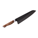 The Steelport Knife Co. 8" Chef Knife, featuring a dark blade and a polished wooden handle, expertly crafted by Steelport Knife Co. using traditional knife forging techniques for exceptional blade edge retention, is displayed against a white background.
