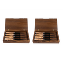 The Steelport Knife Co. 8-Piece Steak Knife Set by Steelport Knife Co. is displayed with two open wooden boxes, each containing four handcrafted steak knives with light brown handles arranged neatly inside, placed side by side on a white background.