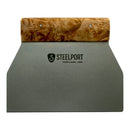 The Steelport Knife Co. Bench Scraper features a wide, flat stainless steel blade and an ergonomic wooden handle, with the Steelport Knife Co. logo and Portland, Ore. text displayed on the front.