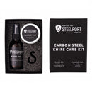 Keep your Steelport Knife Co. Full Kitchen Set in top condition with the STEELPORT Carbon Steel Knife Care Kit—featuring camellia seed oil for the blades and beeswax for the handles, all neatly packed in a sleek black box. The lid details the contents, while Steelport Knife Co.’s distinctive logo appears on every item and package, making this care kit an ideal companion to any American-made Steelport kitchen knife set.