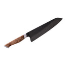 Introducing the Steelport Knife Co. Signature Knife, distinguished by its dark, wide blade and wooden handle with a unique swirled pattern. Expertly crafted by Steelport Knife Co. and featured as part of their handcrafted collection, the knife is showcased on a white background.