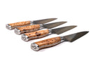 The Steelport Knife Co. Steak Knife Set, featuring four handcrafted steak knives with polished wooden handles and stainless steel blades, is arranged in a row on a white background, with the handles facing forward and the blades angled away.