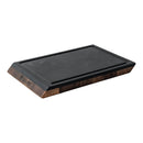 Introducing the Steelport Knife Co. SteelCore™ 2-in-1 Walnut Cutting Board, measuring 9"x6". This rectangular mini board features a dark end-grain walnut base, a sleek black cutting surface, and a groove along the edge for catching juices. The Steelport Knife Co. logo is elegantly engraved on one side, making this portable cutting board both stylish and functional.