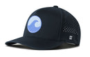 The Haka Hat Surf Wave Performance 5-Panel Hat | Beach Flexfit Snapback by Haka Hat features a black design with a blue and white wave logo on the front, small ventilation holes on the side panel, and is finished with a Flexfit sweatband for enhanced comfort.