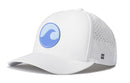 Introducing the Haka Hat Surf Wave Performance 5-Panel Hat | Beach Flexfit Snapback: a white baseball cap from Haka Hat, featuring a blue circular wave logo on the front, small side perforations for ventilation, and enhanced comfort with a Flexfit sweatband. Designed with water-repellent fabric for active days outdoors.