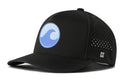 Introducing the Haka Hat Surf Wave Performance 5-Panel Hat, a black Beach Flexfit Snapback by Haka Hat. This hat features a blue and white wave logo on the front, with small ventilation holes along the sides for breathability. Designed to be water repellent, it also includes a comfortable Flexfit sweatband inside. A subtle H logo is located near the brim for added detail.