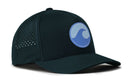 The Haka Hat Surf Wave Performance 5-Panel Hat is a dark green Beach Flexfit Snapback featuring small ventilation holes on the sides, a comfortable Flexfit sweatband, and a bold blue wave logo on the front.