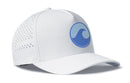 Introducing the Haka Hat Surf Wave Performance 5-Panel Hat | Beach Flexfit Snapback by Haka Hat. This white performance hat features a light blue and dark blue wave logo on the front, water-repellent fabric, small ventilation holes on the side panel, a curved brim, and an interior Flexfit sweatband for extra comfort.