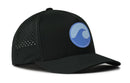 Sure! Here’s a revised version of your sentence using the provided product data: The Haka Hat Surf Wave Performance 5-Panel Hat features small ventilation holes on the sides and a circular blue wave logo on the front. This Beach Flexfit Snapback by Haka Hat includes a comfortable Flexfit sweatband and is shown at a slight angle, displaying both the front and left side.