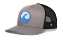 Introducing the Haka Hat Surf Wave Trucker Hat by Haka Hat—a stylish gray and black mesh surf hat featuring a blue wave logo patch on the front. Designed with a structured crown and a curved brim, this Beach Snapback offers breathable mesh panels on the back and sides for ventilation. The adjustable snapback closure ensures a comfortable fit for any beach adventure.