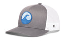 Introducing the Haka Hat Surf Wave Trucker Hat, a stylish beach snapback from Haka Hat. Featuring gray front panels and breathable white mesh back panels with a small white and black tag on the side, this classic snapback showcases a bold blue wave logo on the front. Perfect as a surf hat for laid-back beach days or everyday adventures.