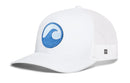 The Haka Hat Surf Wave Trucker Hat by Haka Hat is a classic beach snapback featuring white mesh panels, a curved brim, and a bold blue wave logo on the front. It also includes a small rectangular tag on the left side and has an adjustable snapback closure for a comfortable fit.