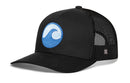 The Haka Hat Surf Wave Trucker Hat by Haka Hat features a black design with a curved bill, mesh back, and a blue wave logo patch on the front panel. This stylish beach snapback is shown slightly turned to the left, highlighting its textured structure.