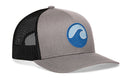Introducing the Haka Hat Surf Wave Trucker Hat by Haka Hat—a stylish gray and black mesh snapback featuring a striking blue circular wave logo on the front panel. Perfect for surf hat enthusiasts and casual beach wear alike.