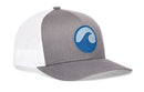 Introducing the Haka Hat Surf Wave Trucker Hat | Beach Snapback by Haka Hat. This stylish and functional surf hat features a solid gray front panel with a blue wave logo, complemented by a white mesh back for breathability. The curved bill adds to its classic trucker silhouette, making it the perfect accessory for the beach or everyday wear.