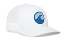The Haka Hat Surf Wave Trucker Hat by Haka Hat features a classic snapback design with a white mesh back and a blue circular wave logo on the front.