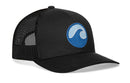 The Haka Hat Surf Wave Trucker Hat by Haka Hat is a black mesh trucker hat with a curved brim, featuring a blue and white wave design patch on the front panel. This stylish beach snapback offers an adjustable fit with its classic snapback closure.