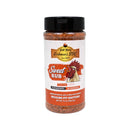 A plastic container of Hickman's BBQ Top 2 Rub Package with a cartoon chicken on the label. This gluten-free, preservative-free all-purpose seasoning says "Because Pit Happens." Net weight: 9.4 oz (266.5g).
