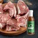 Raw pork chops rest on a wooden plate beside a bottle from the Hickman's BBQ Marinade Package with Injector by Hickman's BBQ, all displayed on a dark textured surface. This set is perfect for elevating your favorite barbecue recipes and pairs effortlessly with injectable marinades using the included marinade injector to infuse maximum flavor into every bite.