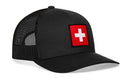 The Haka Hat Swiss Flag Trucker Hat by Haka Hat is a black mesh Switzerland snapback, featuring a red patch with a white cross on the front and an adjustable classic trucker style for comfort.
